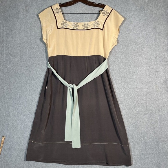 Anthropologie Diodore Dress Womens 12 Romantic Camel Silk Alpine Tie Back - Picture 13 of 16